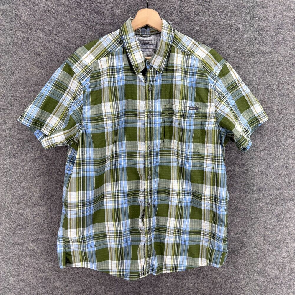 Eddie Bauer Shirt Men L Large Green Plaid Button Up Collared Short Sleeve